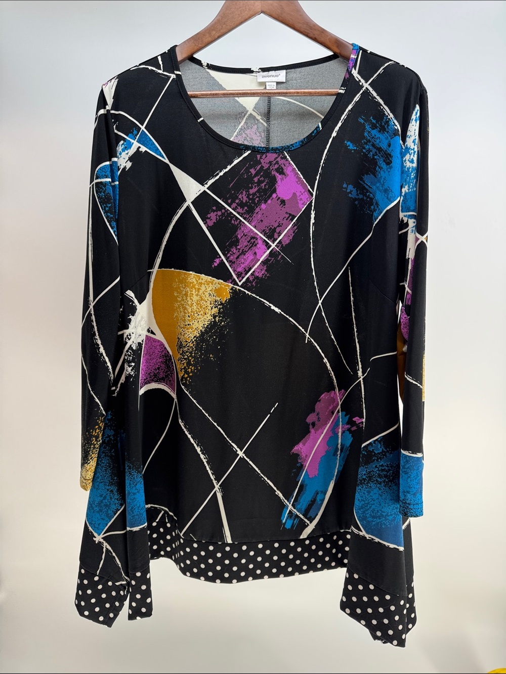 Avenue Black Abstract Long Sleeve Top with Blue, Purple & Gold Accents